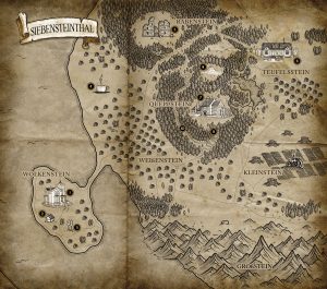 Illustrierte Karte eines fiktiven Ortes Namens »Siebensteinthal«.